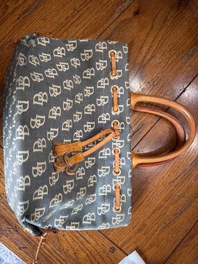 Dooney & Bourke Gray Monogram Tote with Tan Leather Handles
